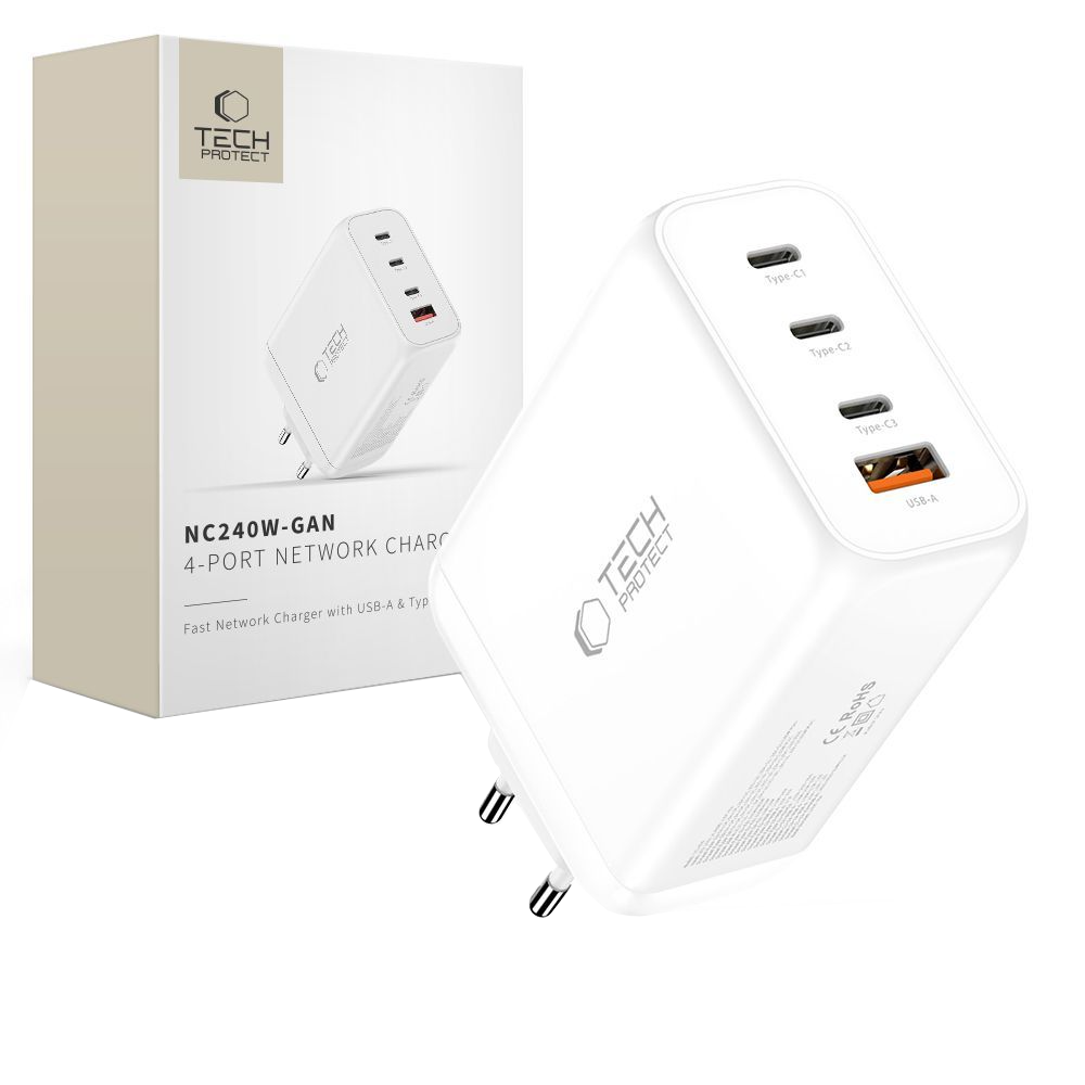 Ładowarka sieciowa Tech-Protect NC240W-GAN, 240W, 5A, 1 x USB-A - 3 x USB-C, Biała