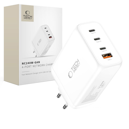 Ładowarka sieciowa Tech-Protect NC240W-GAN, 240W, 5A, 1 x USB-A - 3 x USB-C, Biała