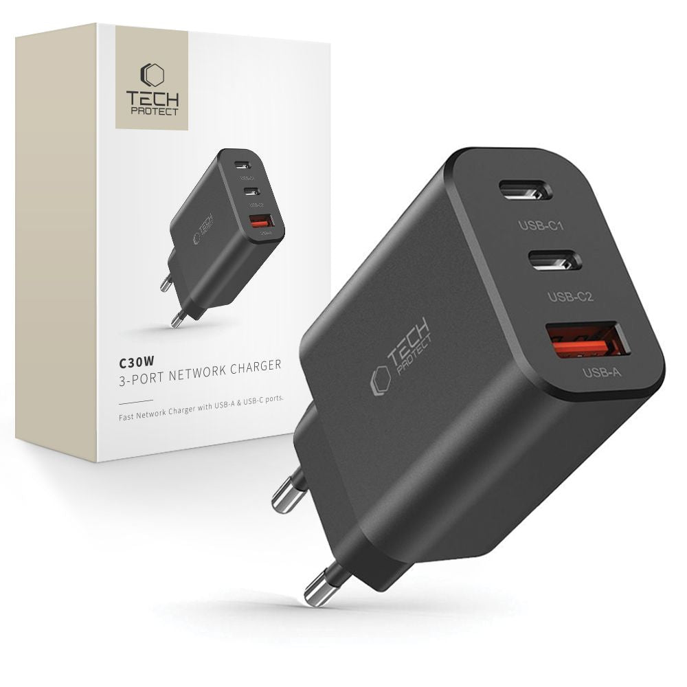 Ładowarka sieciowa Tech-Protect NC30W, 30W, 3A, 1 x USB-A - 2 x USB-C, czarna 