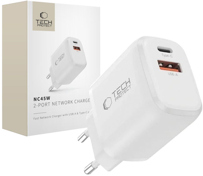 Tech-Protect NCA45W Network Charger, 45W, 3A, 1 x USB-A - 1 x USB-C, White