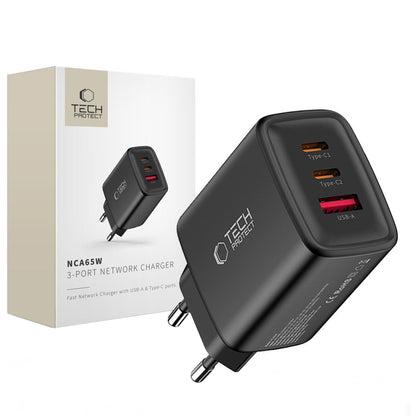 Tech-Protect NCA65W Network Charger, 65W, 3A, 1 x USB-A - 2 x USB-C, Black