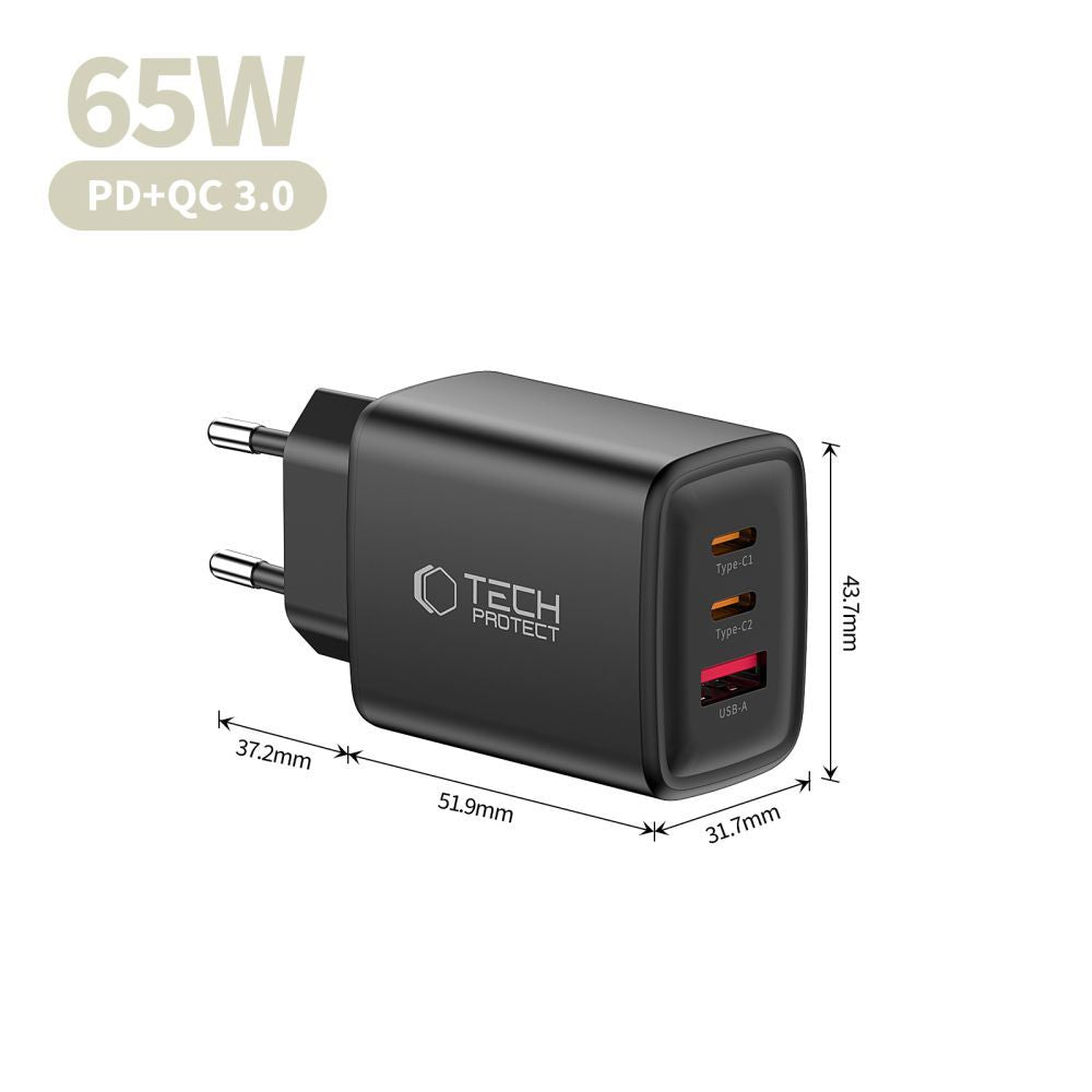 Tech-Protect NCA65W Network Charger, 65W, 3A, 1 x USB-A - 2 x USB-C, Black