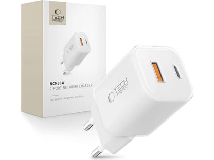 Ładowarka sieciowa Tech-Protect NCM33W, 33W, 3A, 1 x USB-A - 1 x USB-C, Biała