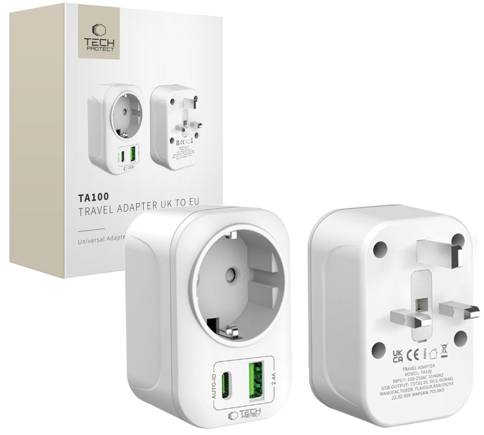 Ładowarka sieciowa Tech-Protect TA100 Travel UK, 20W, 3A, 1 x Schuko - 1 x USB-A - 1 x USB-C, Biała
