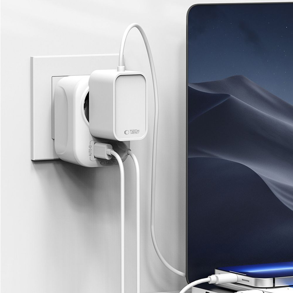 Ładowarka sieciowa Tech-Protect TA100 Travel US, 20W, 3A, 1 x Schuko - 1 x USB-A - 1 x USB-C, Biała