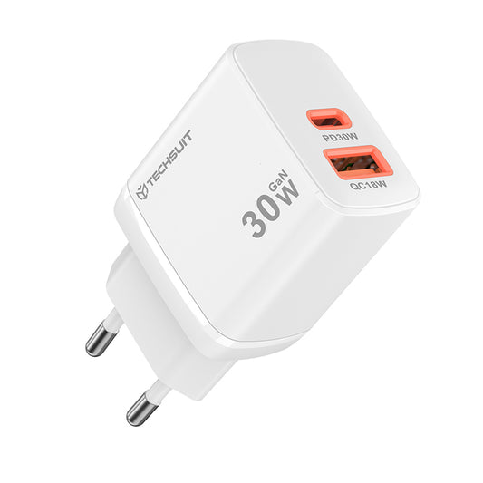 Ładowarka sieciowa Techsuit CH1 Duonix, 30W, 3A, 1 x USB-A - 1 x USB-C, Biała
