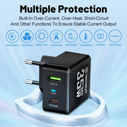 Ładowarka sieciowa Techsuit CHPD173 Tiny, 35W, 3A, 1 x USB-A - 1 x USB-C, Czarny