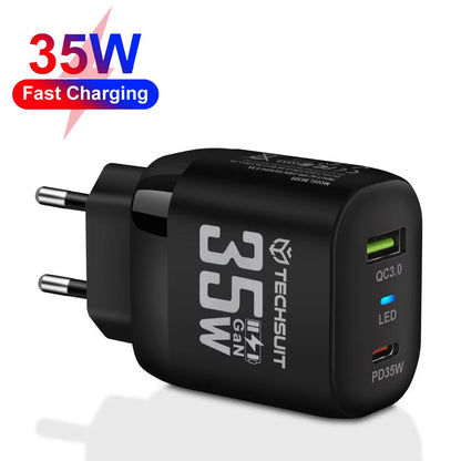 Techsuit CHPD174 Network Charger, 35W, 3A, 1 x USB-A - 1 x USB-C, Black