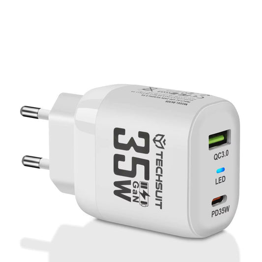 Ładowarka sieciowa Techsuit CHPD174, 35W, 3A, 1 x USB-A - 1 x USB-C, Biała
