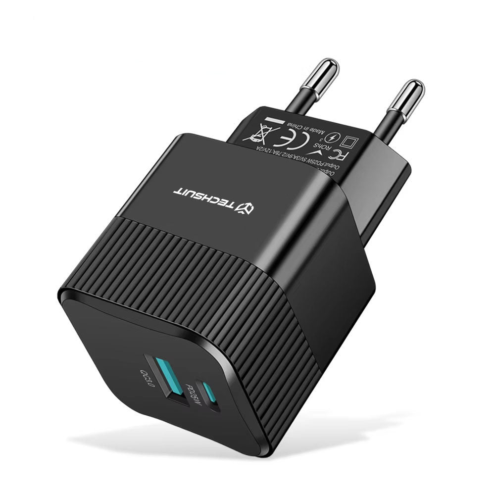 Ładowarka sieciowa Techsuit CHPD216 Tiny, 25W, 3A, 1 x USB-A - 1 x USB-C, Czarny