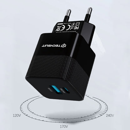 Ładowarka sieciowa Techsuit CHPD216 Tiny, 25W, 3A, 1 x USB-A - 1 x USB-C, Czarny