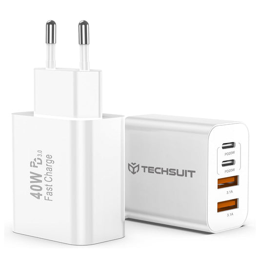 Ładowarka sieciowa Techsuit PowerXQuad CH4, 40W, 3A, 2 x USB-A - 2 x USB-C, Biała