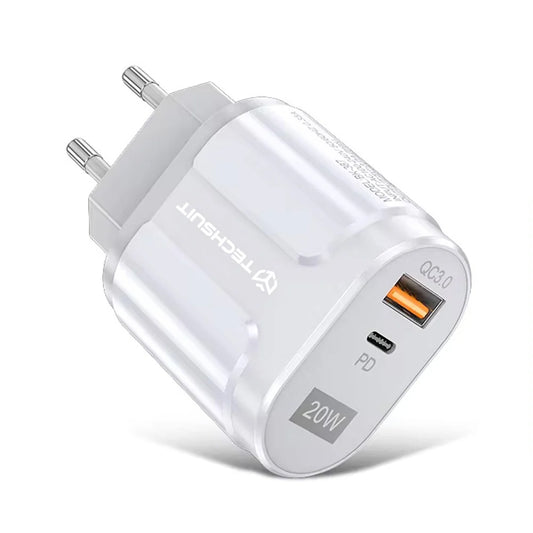 Ładowarka sieciowa Techsuit Premium, 20W, 3A, 1 x USB-A - 1 x USB-C, Biała