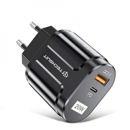 Ładowarka sieciowa Techsuit Premium, 20W, 3A, 1 x USB-A - 1 x USB-C, Czarny CHPD038