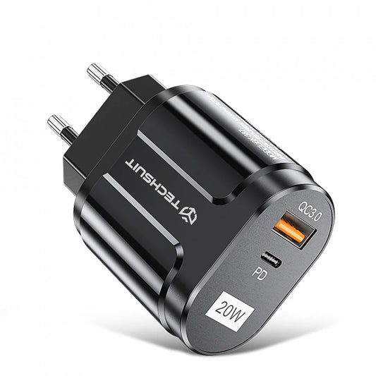 Ładowarka sieciowa Techsuit Premium, 20W, 3A, 1 x USB-A - 1 x USB-C, Czarny CHPD038