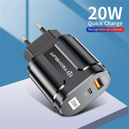 Ładowarka sieciowa Techsuit Premium, 20W, 3A, 1 x USB-A - 1 x USB-C, Czarny CHPD038