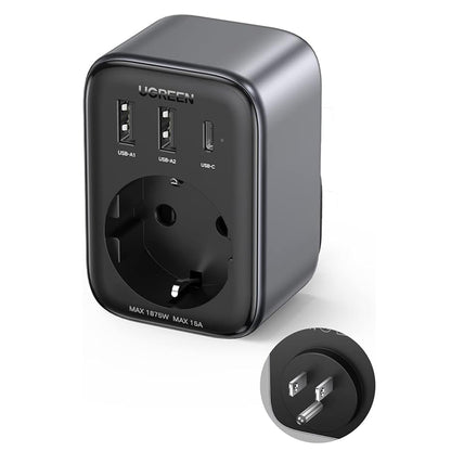 Ładowarka sieciowa UGREEN 15289 US, 30W, 3A, 2 x USB-A - 1 x USB-C - 1 x Schuko, Czarny