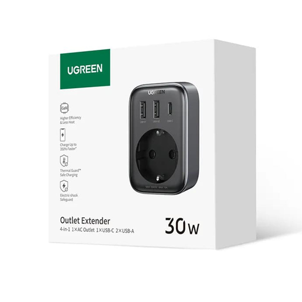 Ładowarka sieciowa UGREEN 15289 US, 30W, 3A, 2 x USB-A - 1 x USB-C - 1 x Schuko, Czarny