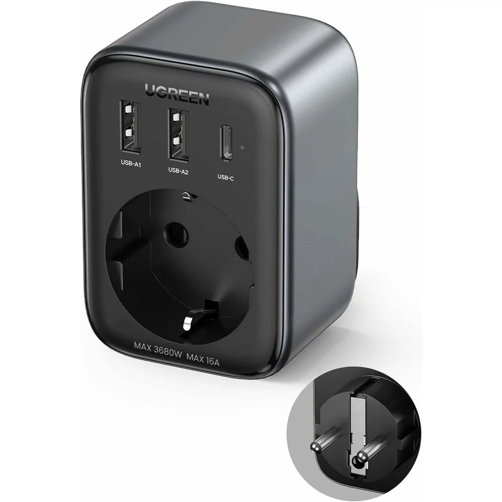 Ładowarka sieciowa UGREEN CD314, 30W, 3A, 2 x USB-A - 1 x USB-C - 1 x Schuko, czarna 