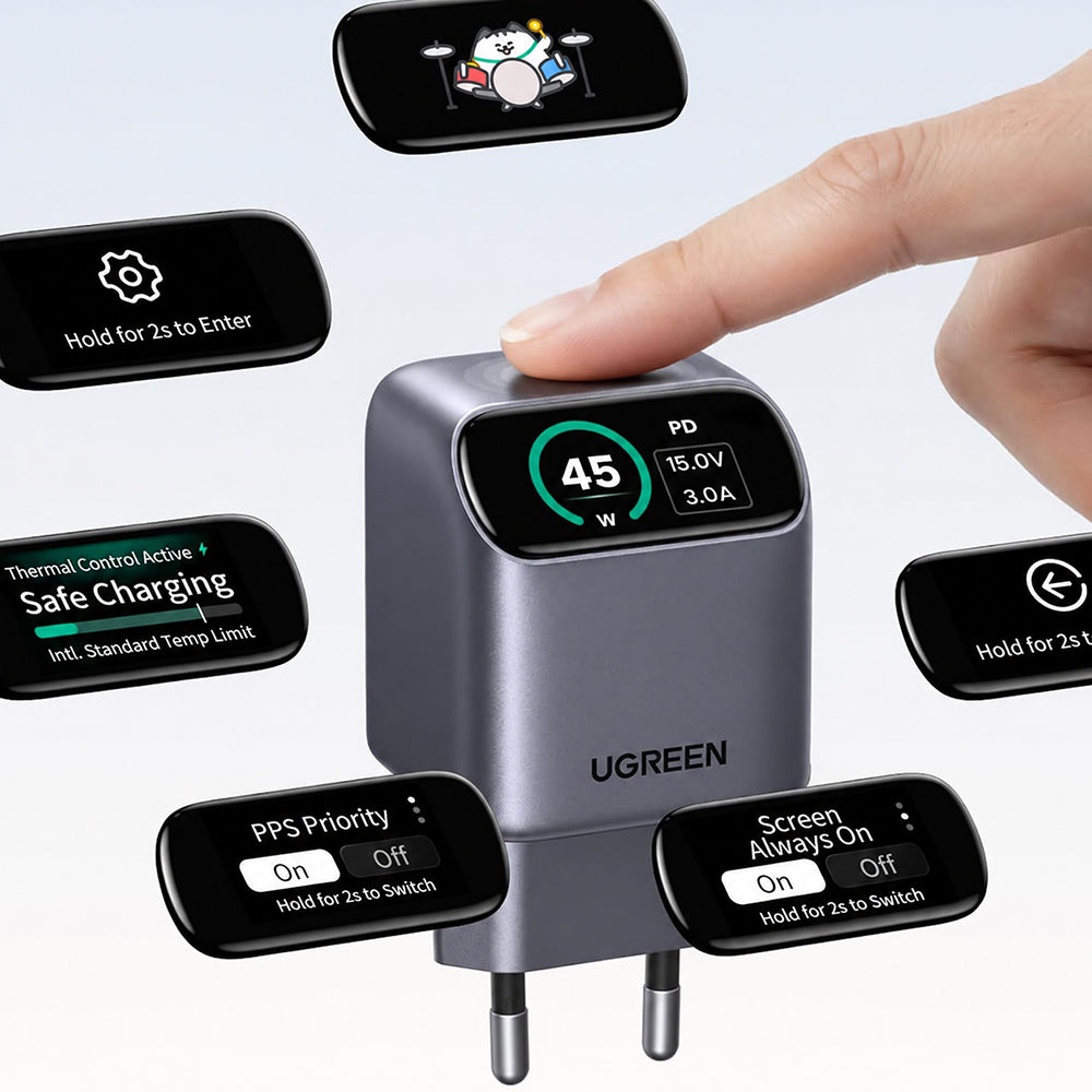 Ładowarka sieciowa UGREEN Nexode Pro X740 (25419B) z wyświetlaczem, 45 W, 3 A, 1 × USB-C, szara