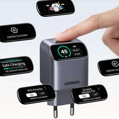 Ładowarka sieciowa UGREEN Nexode Pro X740 (25419B) z wyświetlaczem, 45 W, 3 A, 1 × USB-C, szara