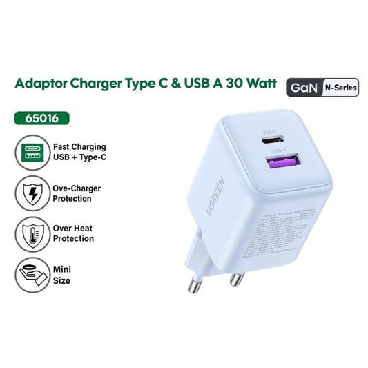 Ładowarka sieciowa UGREEN X516, 30W, 3A, 1 x USB-A - 1 x USB-C, Biała