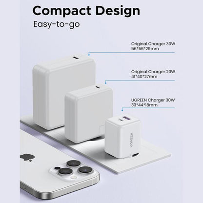 Ładowarka sieciowa UGREEN X516, 30W, 3A, 1 x USB-A - 1 x USB-C, Biała
