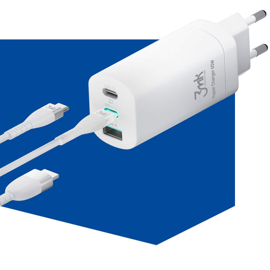 Ładowarka sieciowa 3MK HyperCharger, 65W, 5A, 1 x USB-A - 2 x USB-C, Biała
