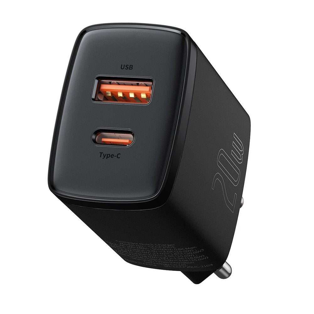 Baseus Kompaktowa ładowarka sieciowa, 20W, 3A, 1 x USB-A - 1 x USB-C, czarna CCXJ-B01