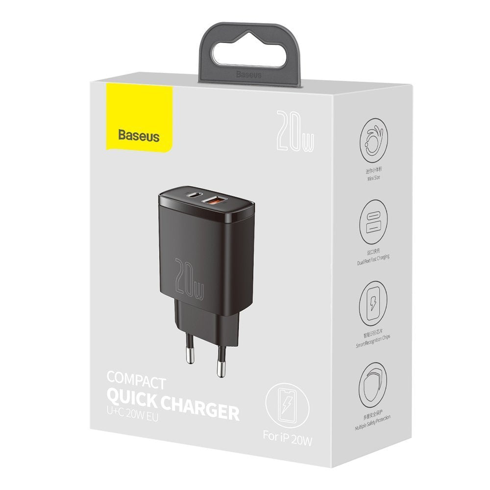 Baseus Kompaktowa ładowarka sieciowa, 20W, 3A, 1 x USB-A - 1 x USB-C, czarna CCXJ-B01