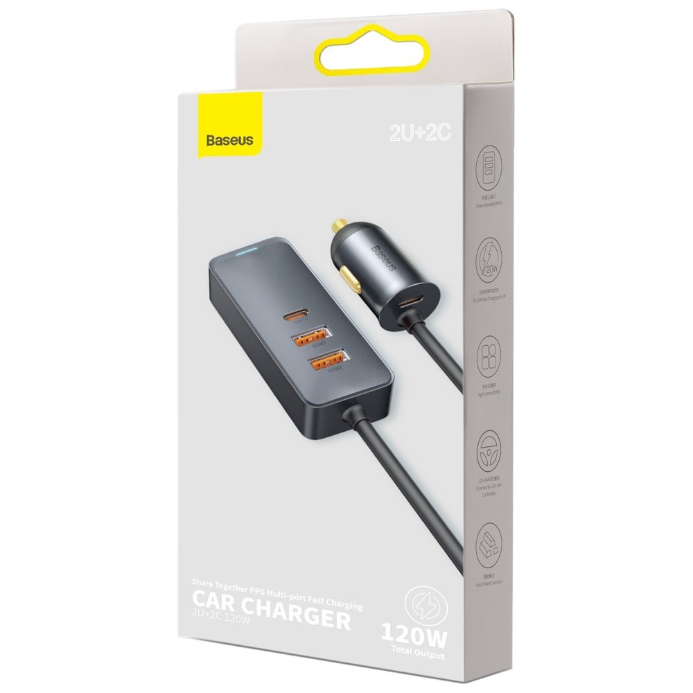 Ładowarka samochodowa Baseus Share Together, 120 W, 3 A, 2 x USB-A - 2 x USB-C, szara CCBT-A0G