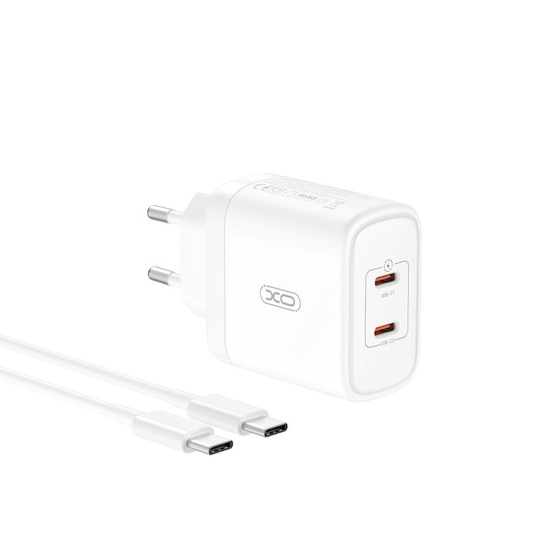 Ładowarka sieciowa z kablem USB-C XO Design CE08, 50W, 3A, 2 x USB-C, biała