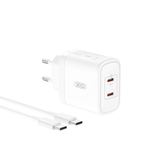 Ładowarka sieciowa z kablem USB-C XO Design CE08, 50W, 3A, 2 x USB-C, biała