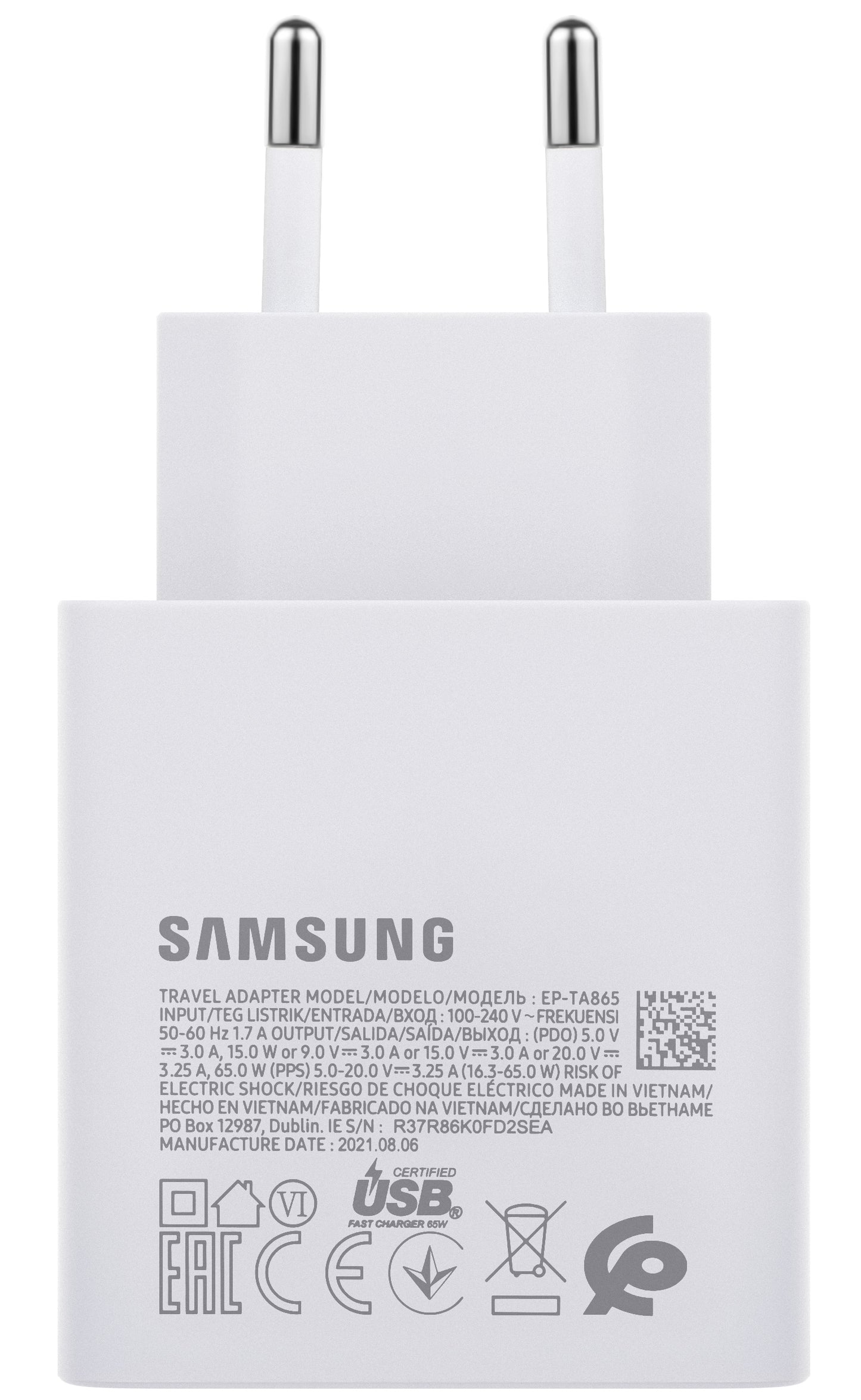 Ładowarka sieciowa Samsung EP-TA865W, 65 W, 3,25 A, 1 x USB-C, biała GP-PTU020SODWQ GP-PTU020SODWQ