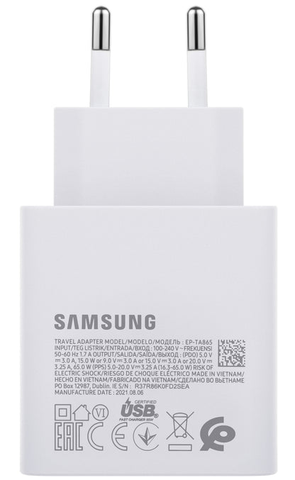 Ładowarka sieciowa Samsung EP-TA865W, 65 W, 3,25 A, 1 x USB-C, biała GP-PTU020SODWQ GP-PTU020SODWQ