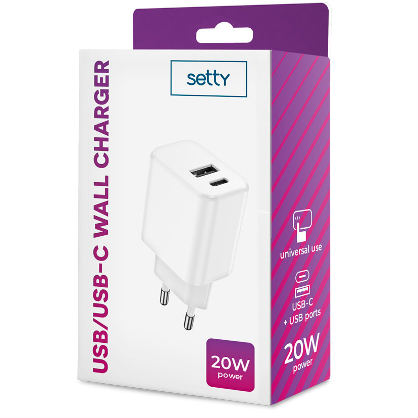 Ładowarka sieciowa Setty, 20W, 3A, 1 x USB-A - 1 x USB-C, biała