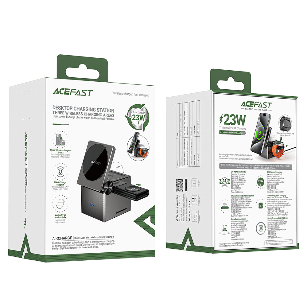 Ładowarka Sieciowa Bezprzewodowa Acefast E18 Rubik's Cube 3w1, 23W, 1.67A, Szara