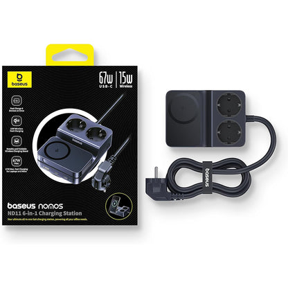 Baseus Nomos ND11 QI 6in1 Charging Station, 67W, 3.35A, 1 x USB-A - 2 x USB-C - 2 x Schuko, Black P80015804213-00