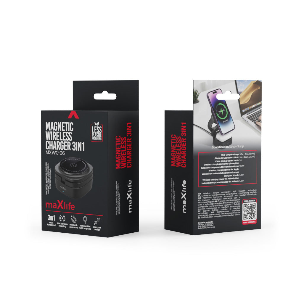 Ładowarka Sieciowa Bezprzewodowa MaXlife MXWC-06 3w1, 15W, 1.67A, Czarna