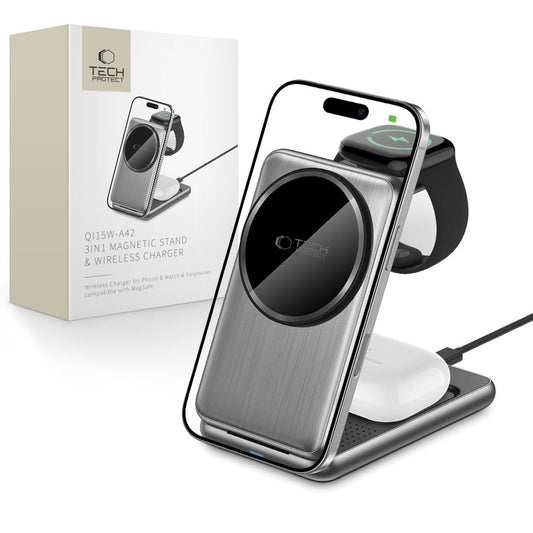 Ładowarka Sieciowa Bezprzewodowa Tech-Protect A42 3w1, 15W, 1.67A, Szara
