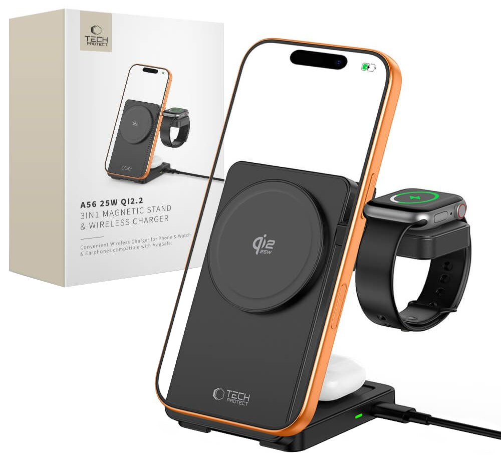 Ładowarka sieciowa bezprzewodowa Tech-Protect A56 3w1, 25W, czarna