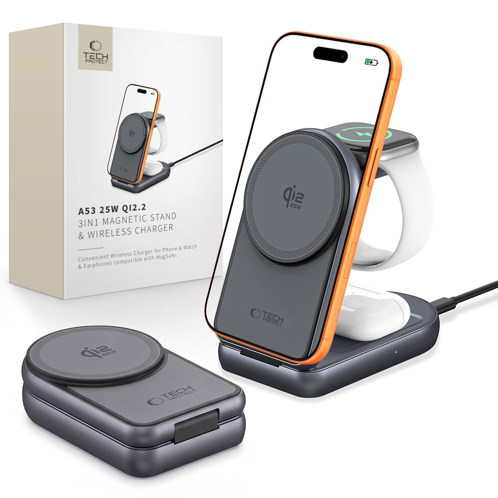 Ładowarka sieciowa bezprzewodowa Tech-Protect A53 3w1, 25W, szara