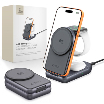 Ładowarka sieciowa bezprzewodowa Tech-Protect A53 3w1, 25W, szara
