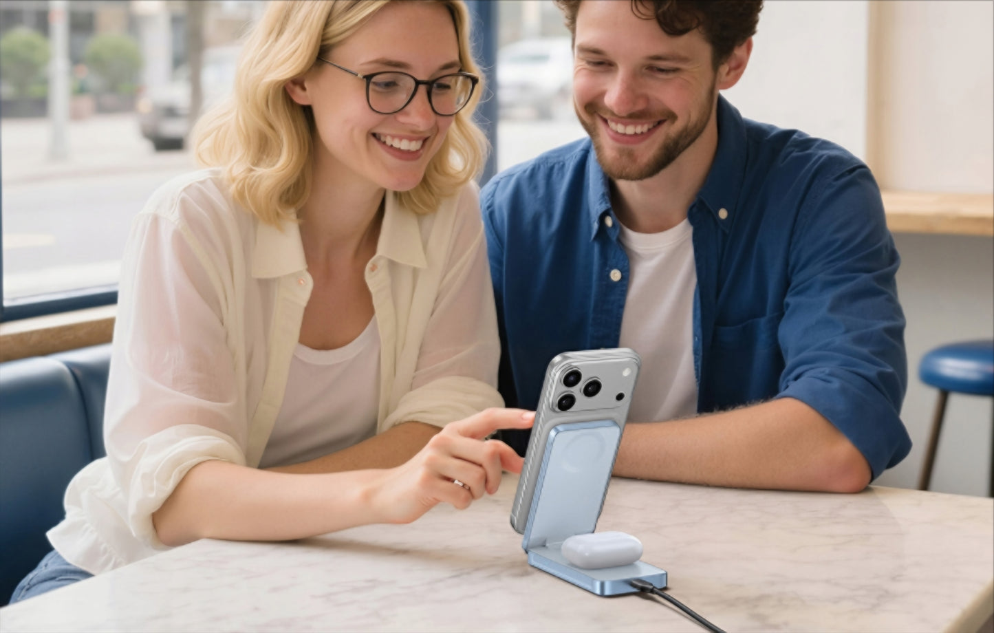 Ładowarka Sieciowa Bezprzewodowa UGREEN MagFlow 2w1, 25W, Niebieska