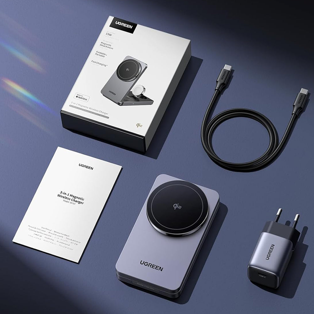 Ładowarka Sieciowa Bezprzewodowa UGREEN W707 3w1, 25W, 1.67A, Szara