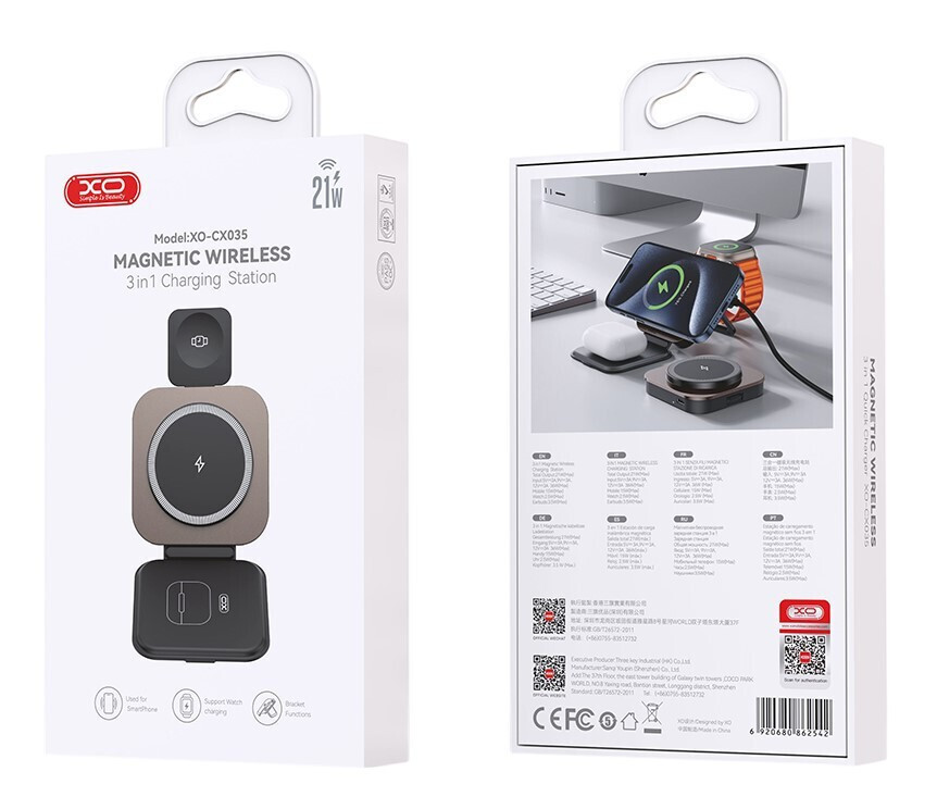 Ładowarka sieciowa bezprzewodowa XO Design CX035 3w1, 15W, 1,67A, czarna, ponownie zapakowana