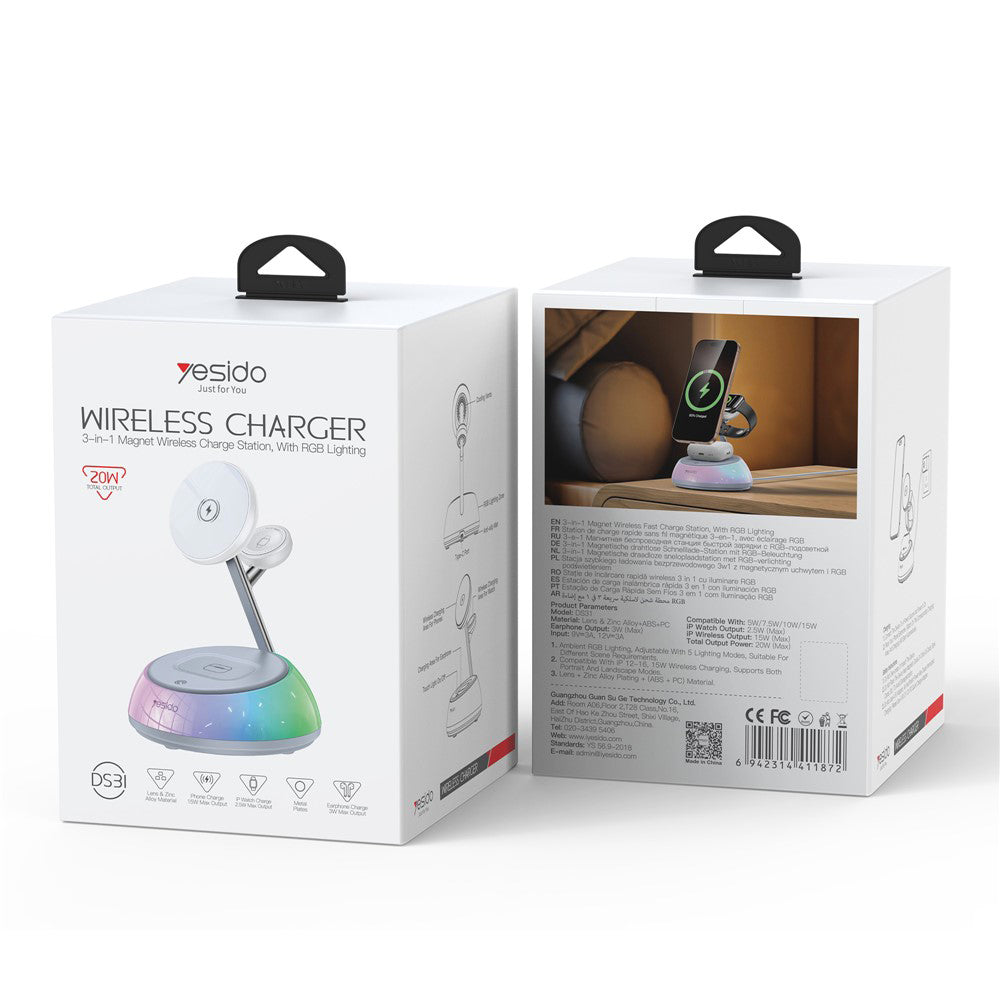 Ładowarka Sieciowa Bezprzewodowa Yesido DS31 3w1, 15W, 1.67A, Biała