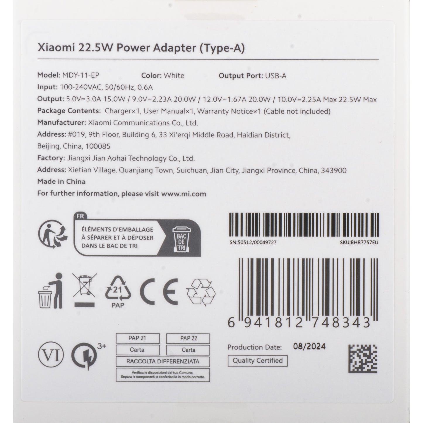 Ładowarka sieciowa Xiaomi, 22.5W, 3A, 1 x USB-A, Biała BHR7757EU