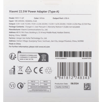 Ładowarka sieciowa Xiaomi, 22.5W, 3A, 1 x USB-A, Biała BHR7757EU