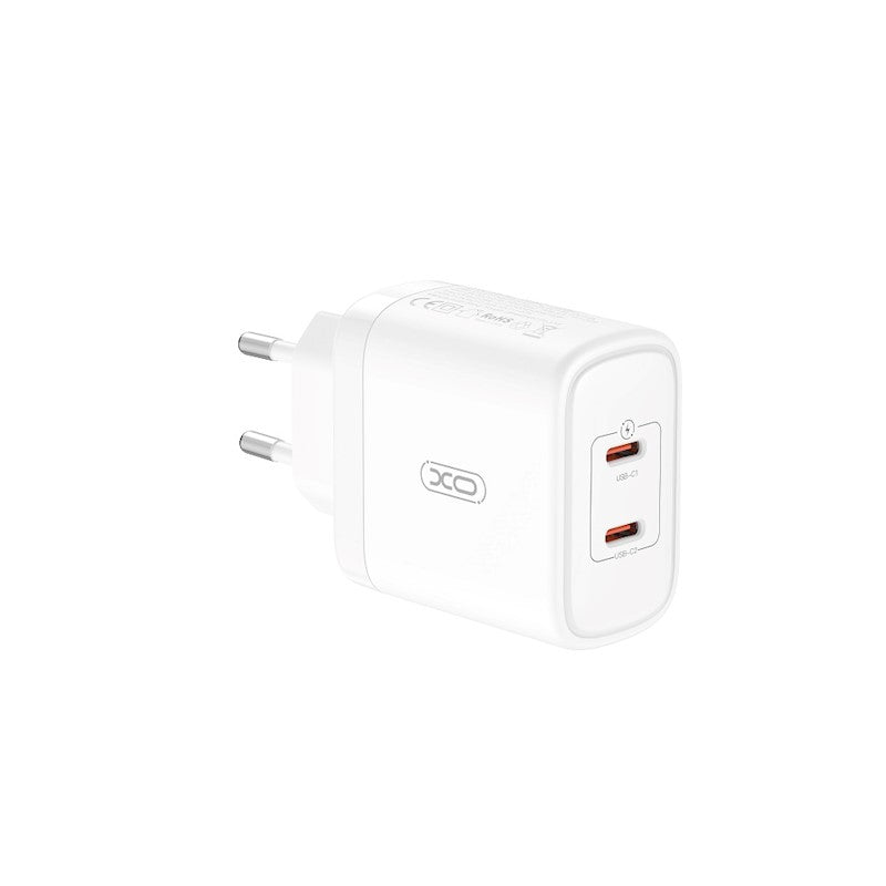 Ładowarka sieciowa XO Design CE08, 50W, 3A, 2 x USB-C, biała